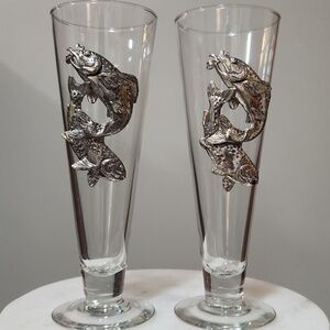 Arthur Court Pilsner Clear Beer Glass Silver-Tone Pewter Trout Fish Accent